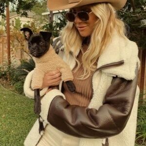 Unreal Fur Cream Sherpa Jacket with Brown Leather Sleeves